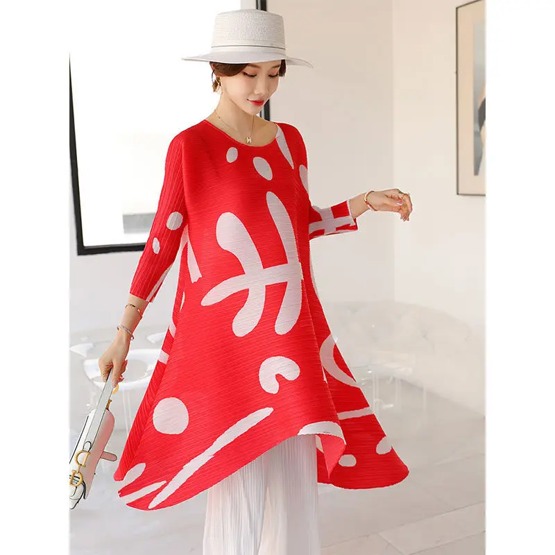 

Fashion pleated dress female long section 2022 spring and summer new loose printed pleated large size irregular skirt dress