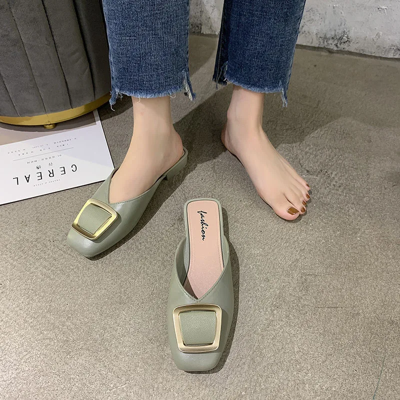 Mules for Flat Shoes for Womens Summer Classic Mule Women Shoe Casual Square Toe Female Half Slipper Ladies Low Heel Mule
