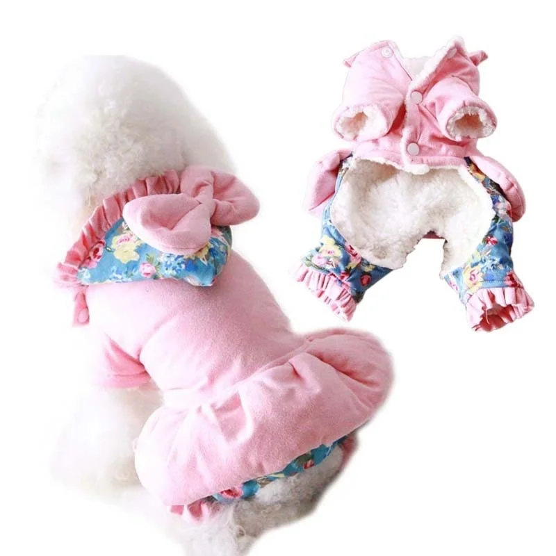 

Winter Warm Pet Clothes Hooded Dog Floral Onesie Snowsuit Puppy Thicken Jumpsuit for Small Middle Dog Cat