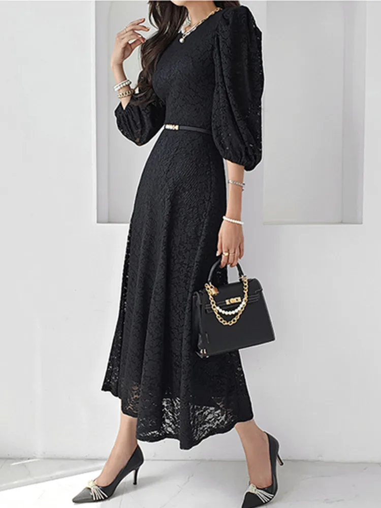 

Женское длинное платье SMTHMA, длинное кружевное платье в Корейском стиле с рукавами-фонариками и поясом на осень