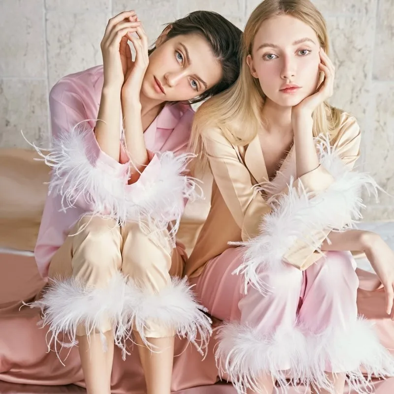 Home Clothes Spring and Summer  Fashion INS Ostrich Feather Pajamas Set 2023 Simulation Silk Ice  Ladies