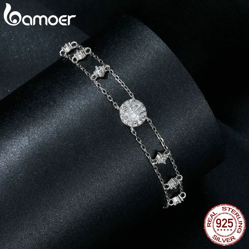 Женский двухслойный браслет BAMOER Halo Moissanite со Звездной цепочкой из стерлингового