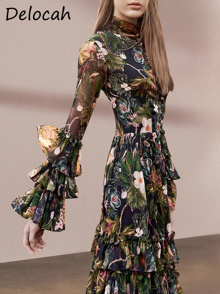 

Delocah/высококачественное летнее женское модное дизайнерское длинное платье с расклешенными рукавами, Пляжное платье с цветочным принтом, праздничные каскадные платья с оборками