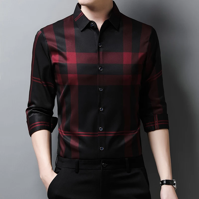 

Рубашка мужская приталенная с длинным рукавом, шелковая классическая, в клетку, повседневная, весна 2023
