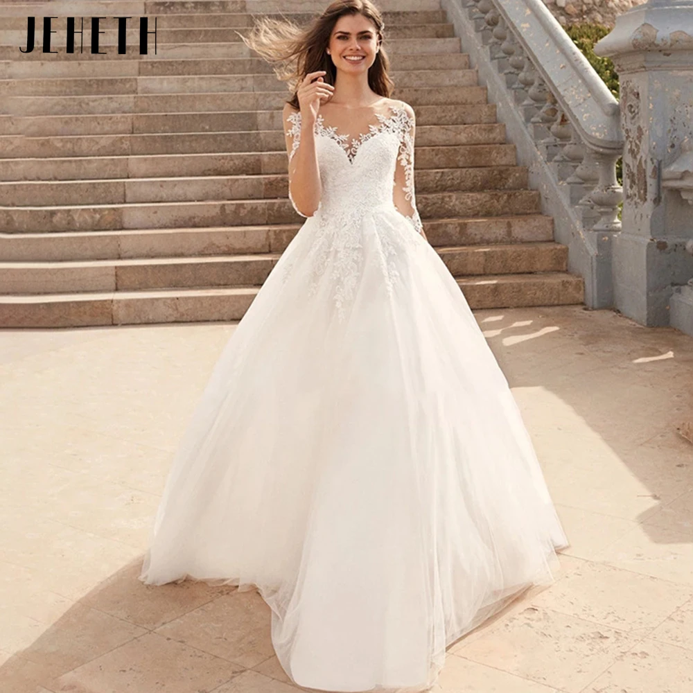 

JEHETH Elegant Half Sleeve A Line Wedding Dresses 2023 Illusion Neckline Ivory Bridal Floor Length Tulle Gowns Vestidos De Noiva