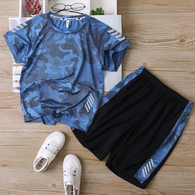 Летние уличные быстросохнущие камуфляжные детские комплекты из футболки и шорт
