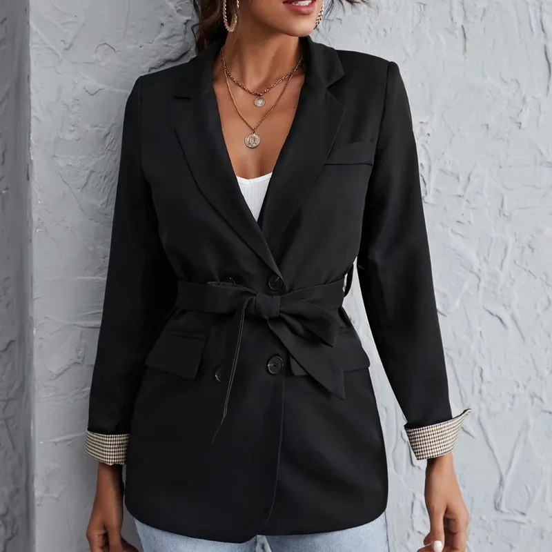 Korean Fashion Black Blazer Suit with Sashes Women Solid Colors Single Breasted Office Blazer 2021 Elegant Casual Commute Coats