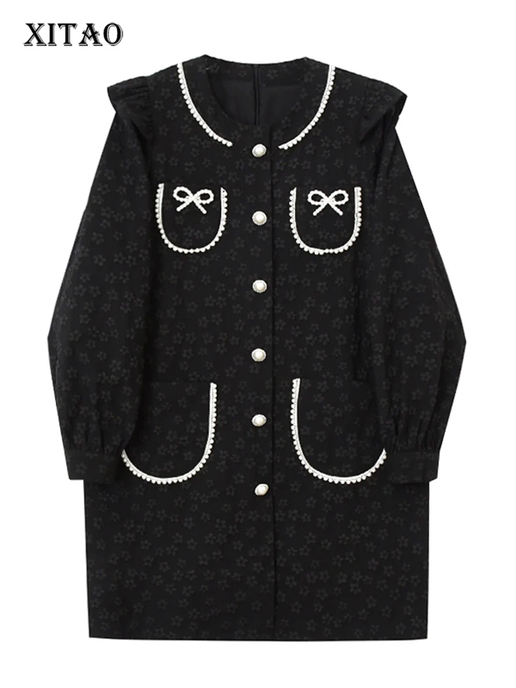 

XITAO Bow Vintage Dress Fashion Patchwork Single Breast Pocket Goddess Fan Casual Print Pattern 2022 Minority Dress ZY7226