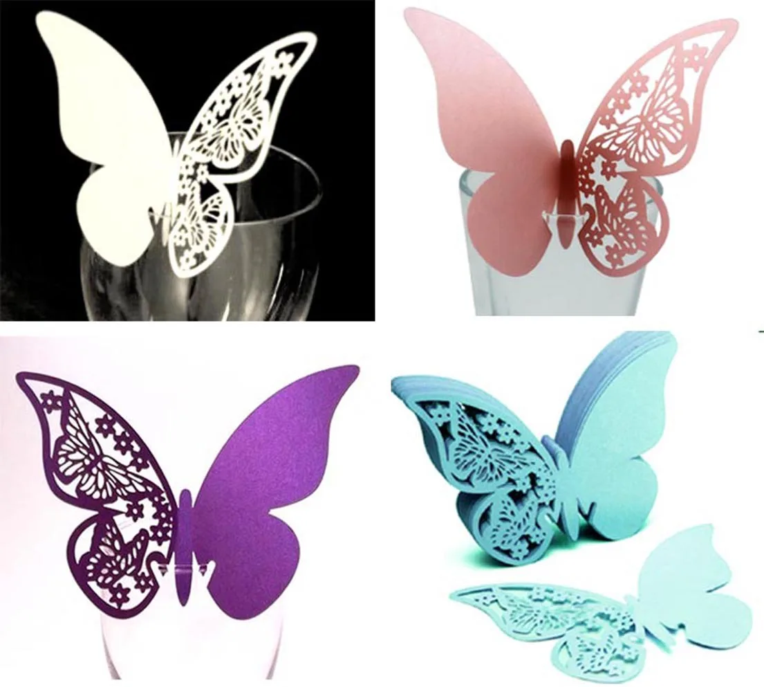 

100pcs Hollow Butterfly Place Cup Card Wine Glass Paper Wall Stickers For Wedding Birthday Party Baby Shower Favor Gift Decorate