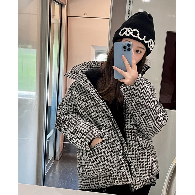 

Women Clothing Black Lattice Short Down Jackets Korean Fashion Baggy Thickening Warm Female Puffer Cotton Padded Outwear Winter