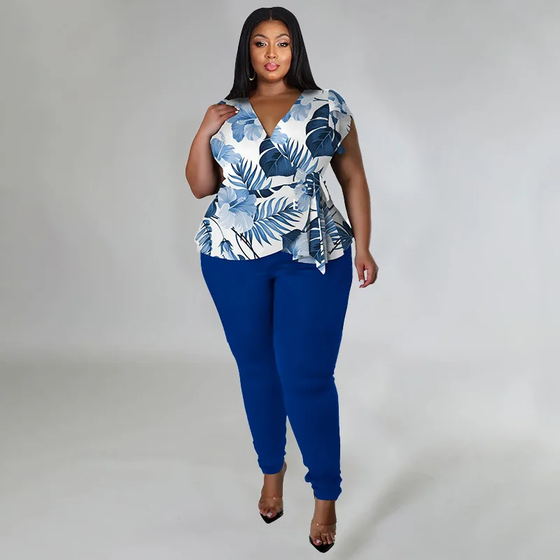 Plus Size Matching Sets Floral Print Tops Shirts And Pants Female Luxury Fashion V Neck Cloth 2023 Summer Women Two Piece Sets