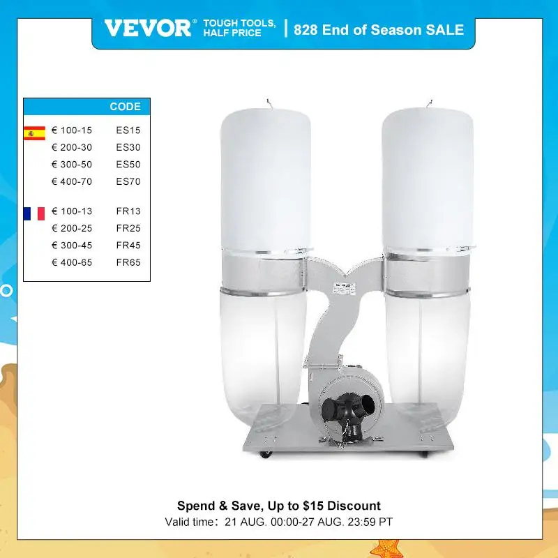 VEVOR Mobile Industrial Dust Collector 2800CFM 3HP 110V with Double 70 Gallon Filtration Bag Woodworking Vacuum Cleaner Machine