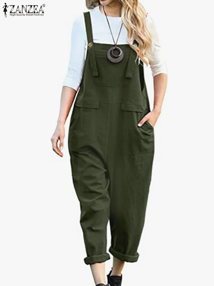 

ZANZEA Women Autumn Solid Color Jumpsuits Cotton Sleeveless Suspenders Female Fashion Casual Elegant Wide Leg Pant Rompers 2023