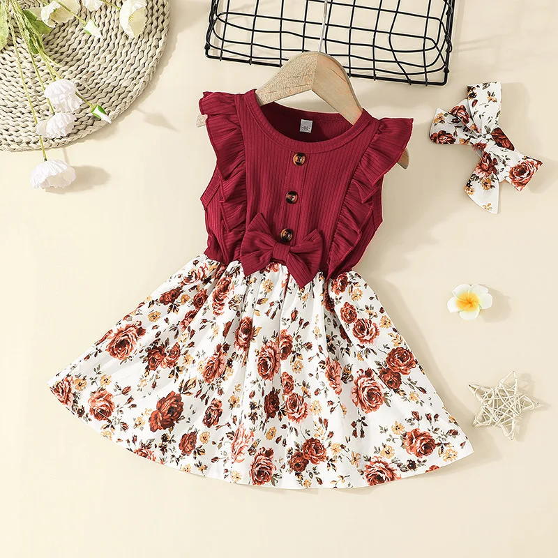 

Summer Fashion Girl Sweet Sundress Sleeveless Bow Print With White Floral Headband Wine Red Dress