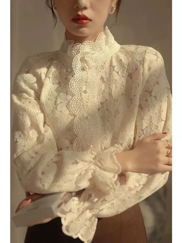 

Autumn Long Sleeved Lace Top Women's Half High Collar Mesh Bottoming Shirt Korean Style 2022 New Blouses
