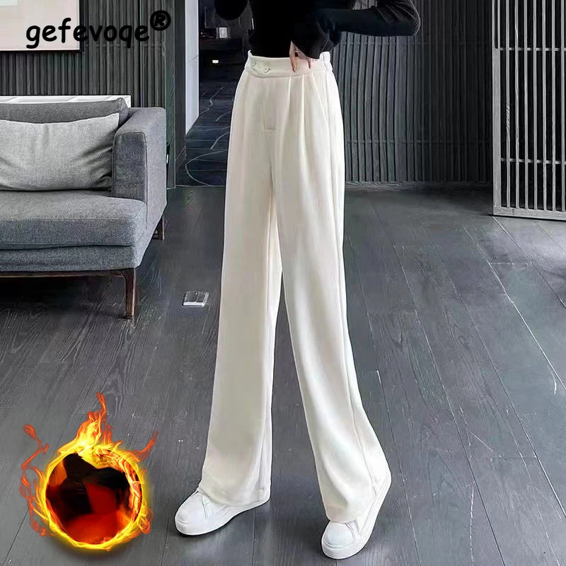 Women Winter Solid Corduroy Trousers High Waist Autumn Vintage Korean Casual Pocket Wide Leg Pants Elegant Loose Y2k Streetwear