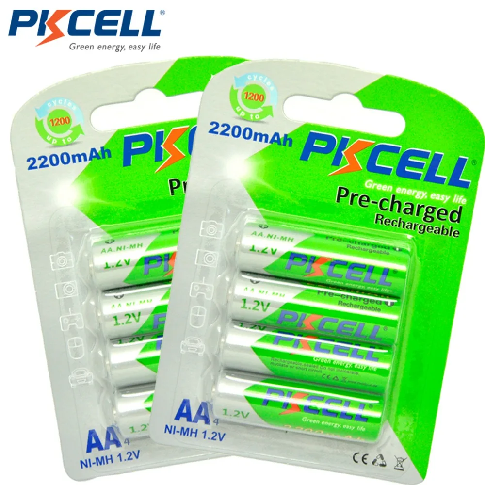 8pcs/2card PKCELL AA Rechargeable Battery NiMH 1.2V 2200mAh Ni-MH 2A Pre-charged Bateria low self discharge AA Batteries