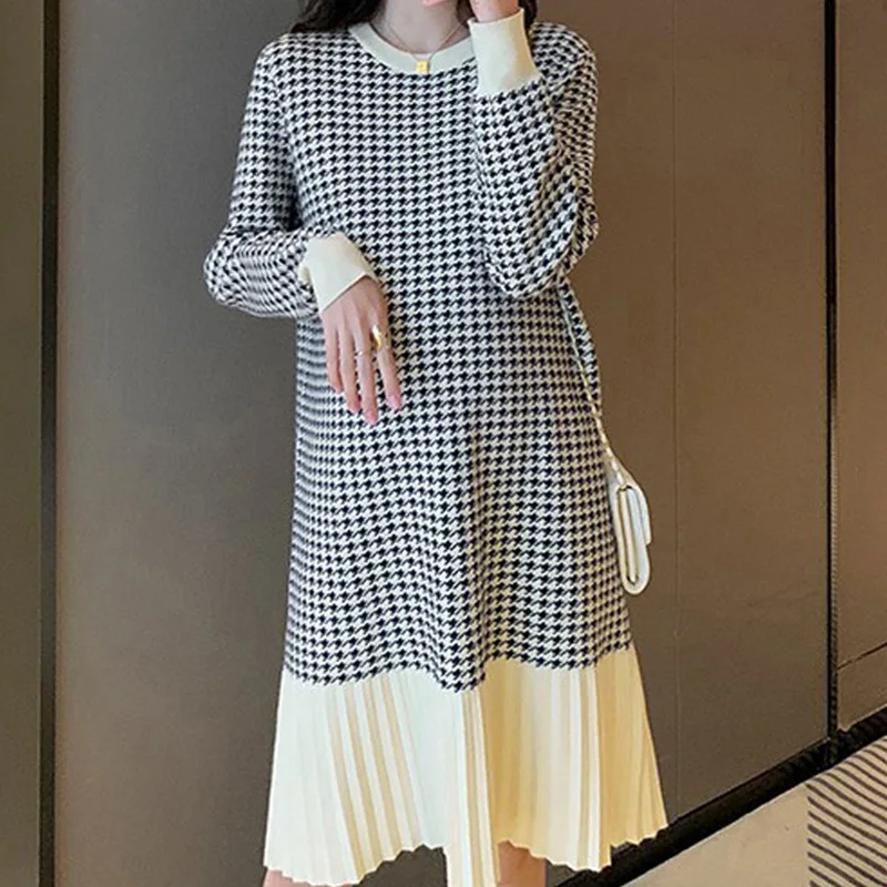 

Повседневное свободное платье-свитер в клетку корейское модное кружевное платье средней длины осень-зима вязаные платья с длинным рукавом 2022