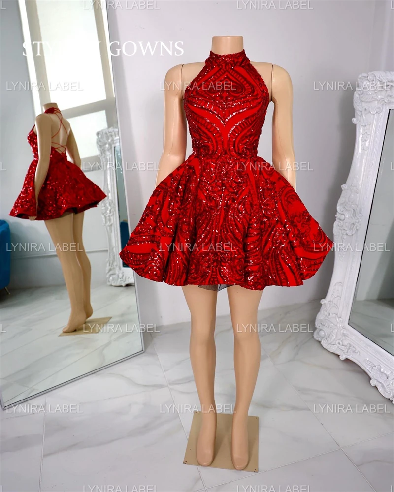 

Красное короткое платье с высокой горловиной для выпускного вечера, женское коктейльное мини-платье, бальное платье для дня рождения, платье для выпускного вечера