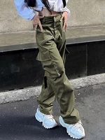 green cargo boyfriend style baggy pants zipper pocket casual women pants high waist streetwear y2k aesthetic sweatpants 2022