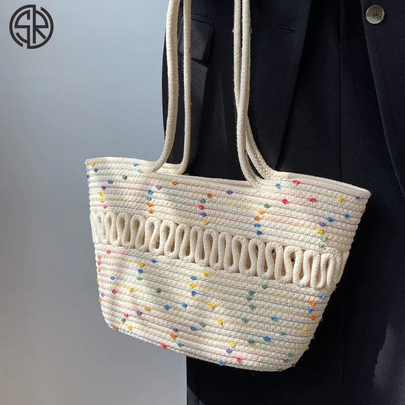 

bags for women 2023 straw woven bag female trendy cotton thread woven bag beach bag large-capacity one-shoulder basket bag