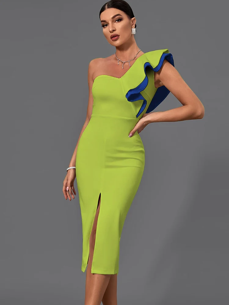 Ruffle Party Dress 2022 Women Green Bodycon Dress Elegant Sexy Midi Evening Club Dress High Quality Summer Birthday Outfit