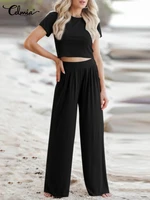 celmia solid casual pant sets 2022 summer knitted elastic skinny short sleeve crop tops and high waist pants suits 2 piece sets