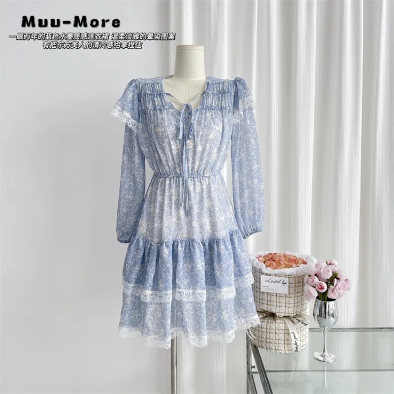 

Женское шифоновое платье с завышенной талией, элегантное приталенное платье-трапеция с цветочным принтом, V-образным вырезом, длинным рукавом и шнуровкой, осень 2023