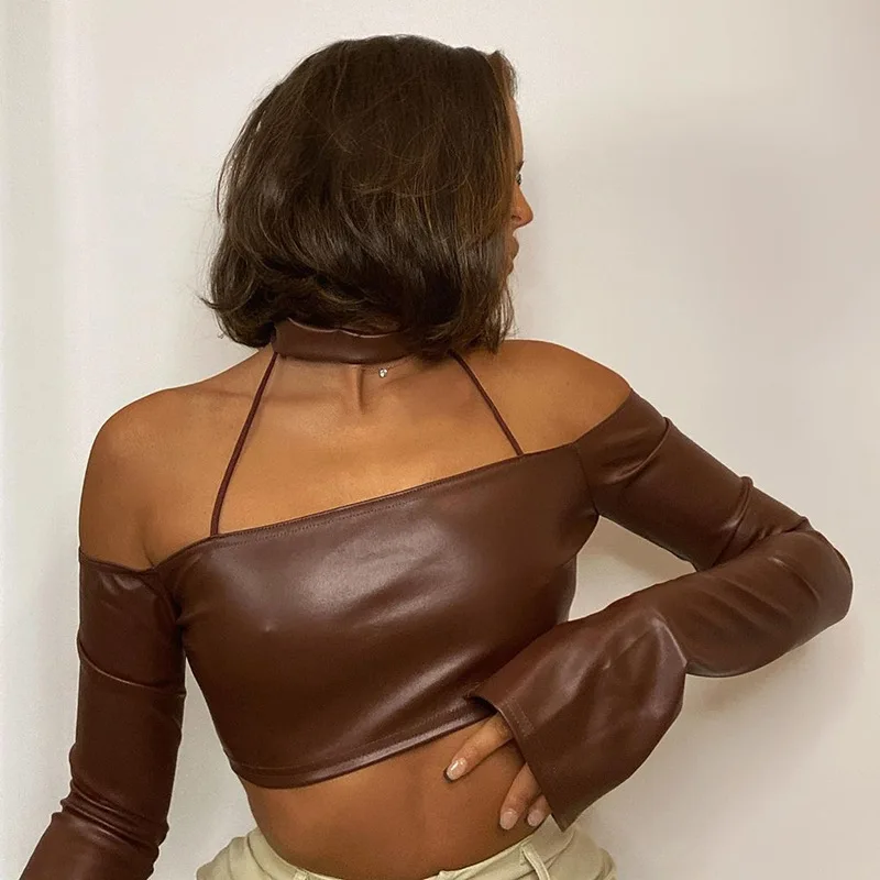 

Brown Faux Leather Crop Top Shirts for Women Sexy Choker Split Long Sleeve Off Shoulder Tops Y2k Shirt Goth 2021 Autumn E Girl