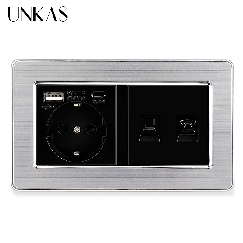 Фото USB-порт UNKAS с евророзеткой, разъем USB Type-C + ТВ, телефонный порт RJ11, разъем для интернет-компьютера RJ45, 146 мм * 86 мм, панельная розетка из нержавеющ... №3