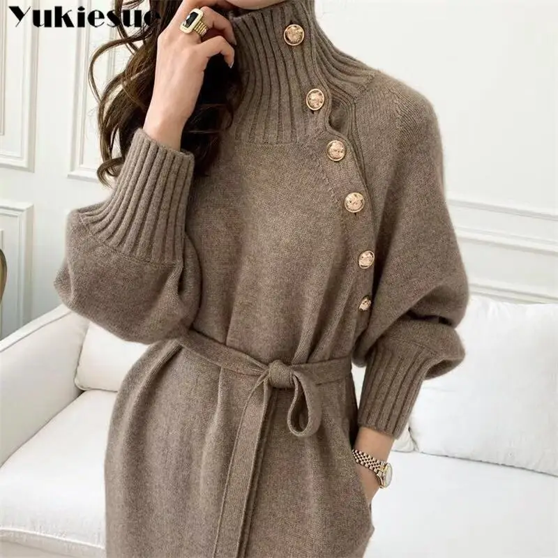 

Elegant Sweater Dress Female Fashion Casual Loose Turtleneck Solid Pullover Sash Tie Up Robe Femme Autumn Winter Party Dress