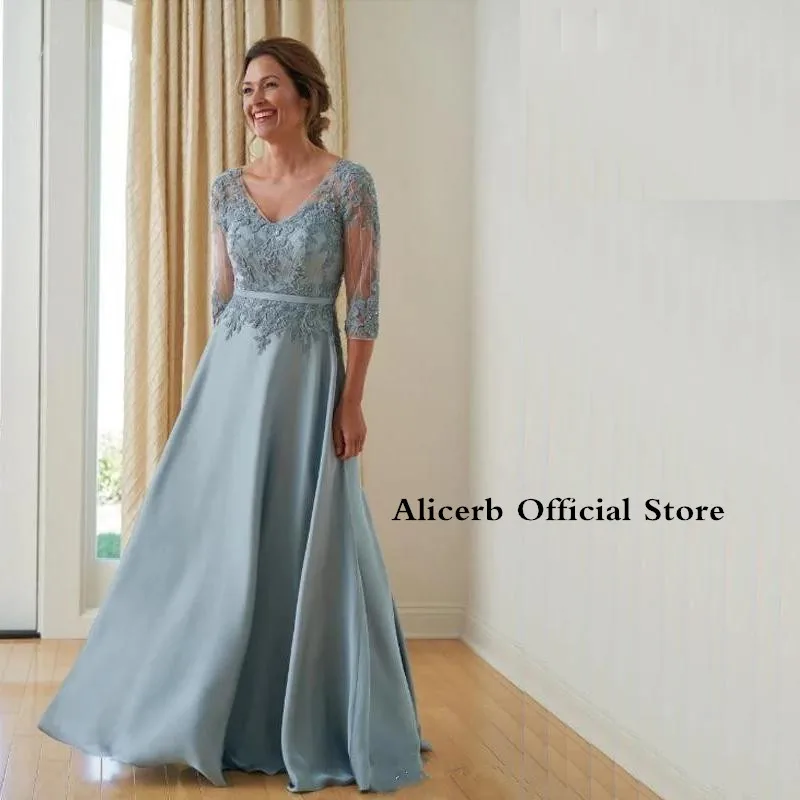 Light Blue Mother Of The Bride Dresses 3/4 Sleeve A-Line V-Neck Appliques Formal Gown Floor Length Wedding Guest Dress Best