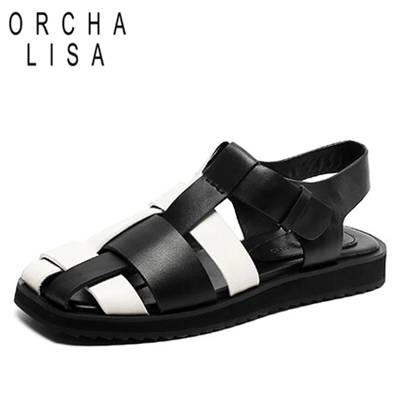 

ORCHA LISA 2022 Women's Knit Flats Sandals Square Toe Low Heels Genuine Leather Hook&Loop Rome Mix Color Black Summer S3133