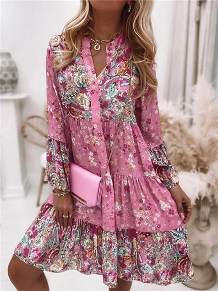 

Boho Retro Floral Print Dresses Women Sexy Backless V Neck Holiday Dress Elegant Flare Sleeve A Line Mini Dress Female Vestidos