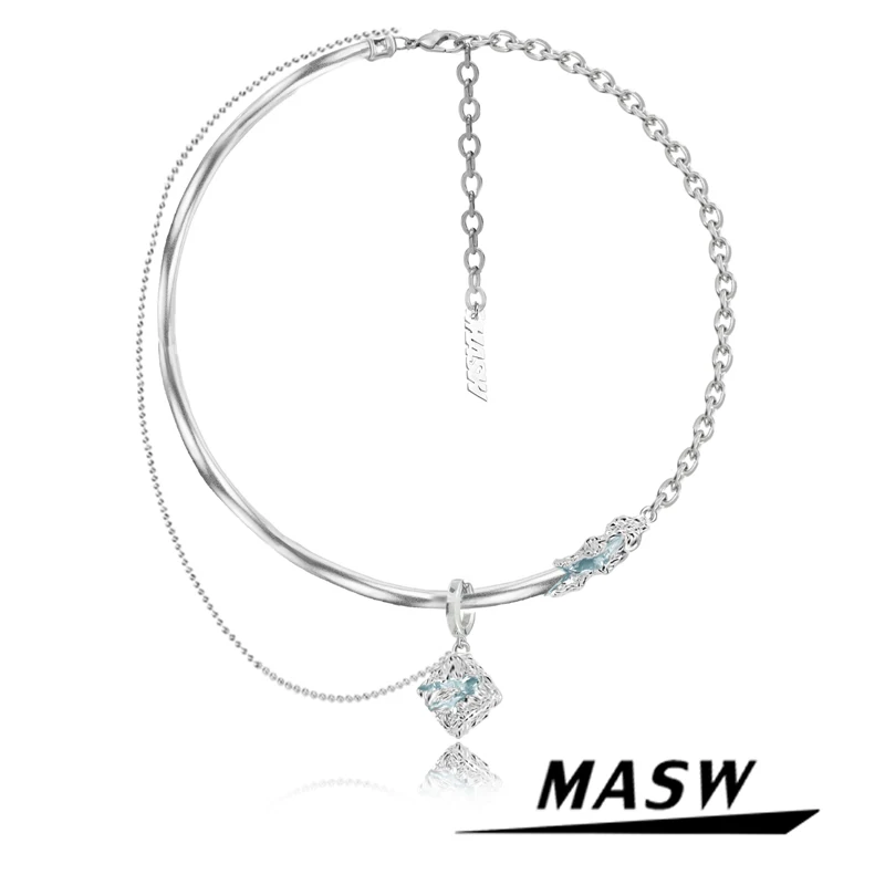 

MASW Original Design Fashion Jewelry Blue Pendant Necklace Luxury Temperament Thick Silvery Plated Chain Necklace For Women Gift