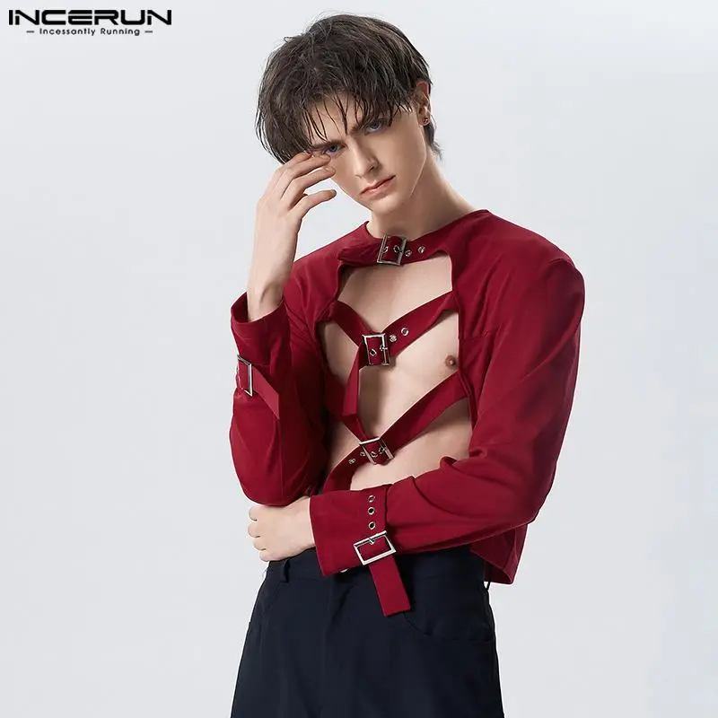 

INCERUN 2023 Men Irregular Shirt Solid Color Long Sleeve Hollow Out Button Crop Tops Men Sexy Streetwear Fashion Camiosas S-5XL