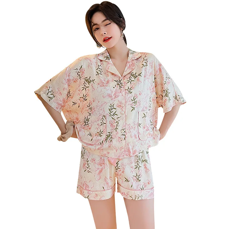 Summer Outfits Silk Pajamas Short Sleeve Short Sets For Women Loungewear Pink Flower Sleeping Clothes Women