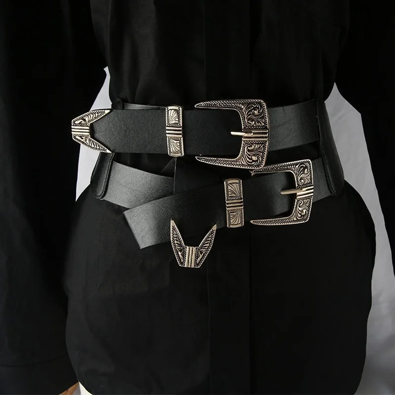 

EagleKu New Women Wide Belt Cummerbund Vintage Carved Metal Double Buckle Leather Waist Belts Lady Waistband Elastic Strap Belt