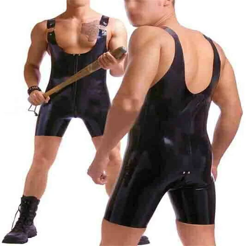 Резиновый комбинезон с молнией спереди латексный черный спортивный сексуальный