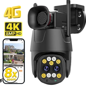IP-камера 4G SIM-карта, 4K 8 Мп, двойной объектив, 8-кратный зум, Wi-Fi, PTZ, автоматическое слежение, уличная камера видеонаблюдения 4 МП
