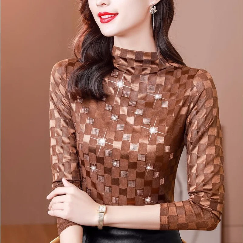 Кружевная нижняя рубашка Осень-зима 2022 новая модная бархатная Сетчатая футболка