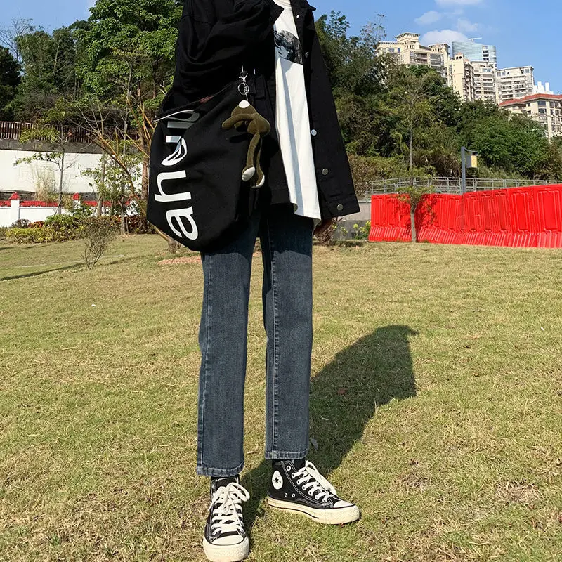 Jeans Women's loose autumn and winter style Versatile high waist, slim and elastic, 9-point Korean straight pipe trousers