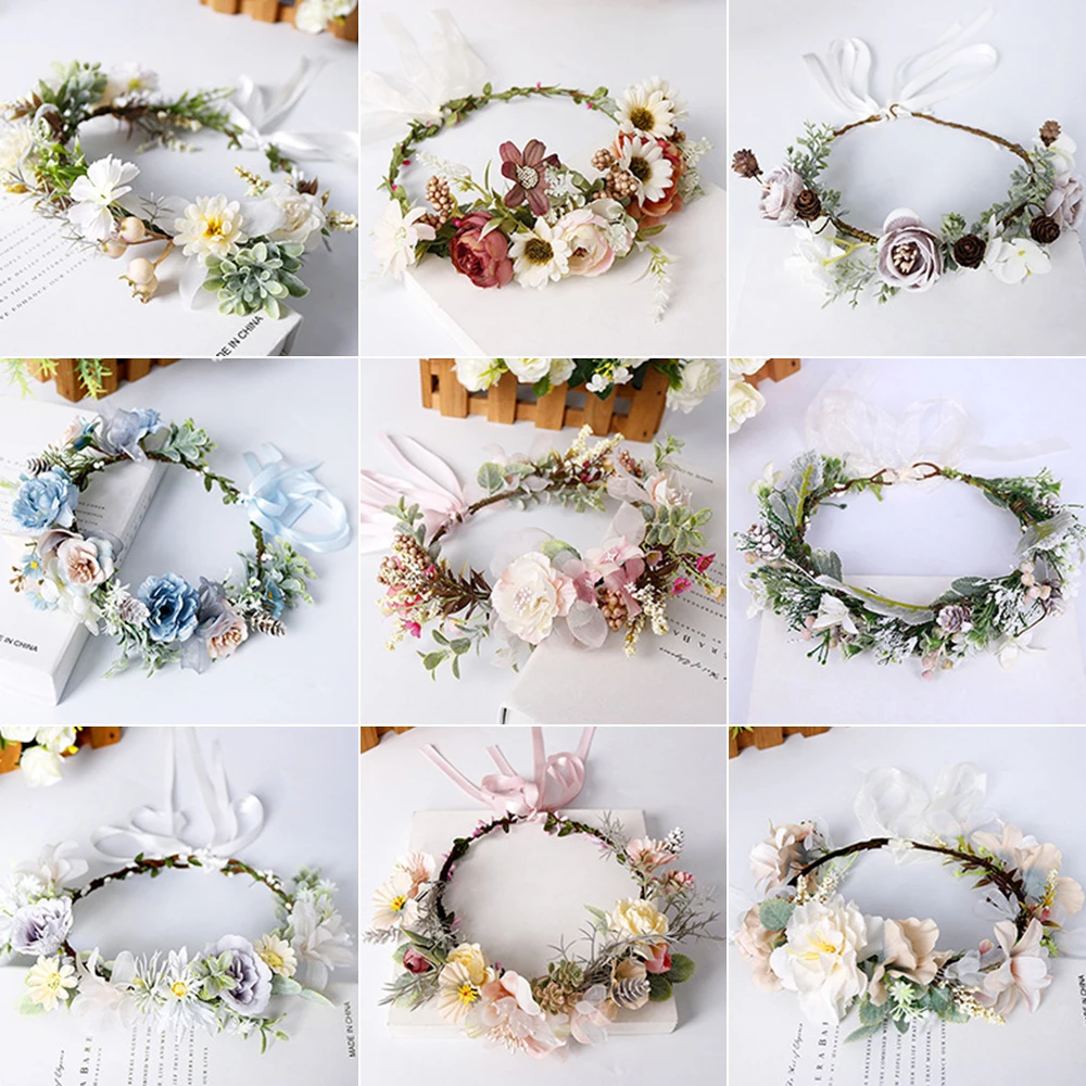 

Realistic Wreath Garland For Women 2022 Bridal Tiara Vintage Bohemian Vacation Simulation Flower Wreath Wedding Bridal Headwear