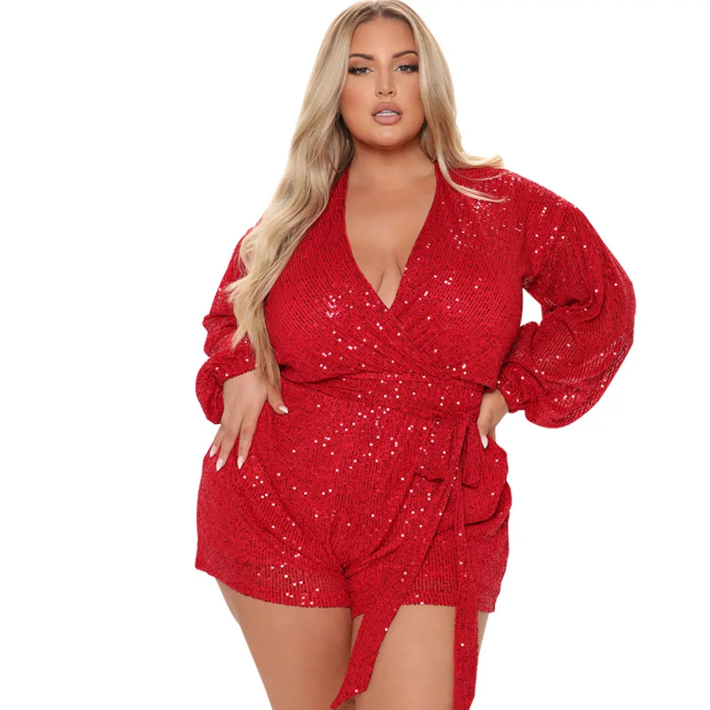 

Big Beautiful Women Playsuit Female Shinny Sequins Rompers Sexy Girls Overalls Lady's Plus Size Party Playsuits