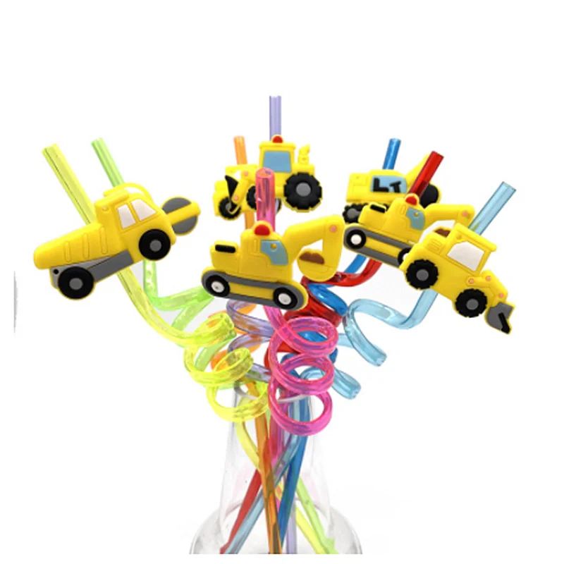 

8pc/Lot Reusable Construction Vehicle Excavator Truck Straws Theme Plastic Drinking Straw For Kids Birthday Party Supplies