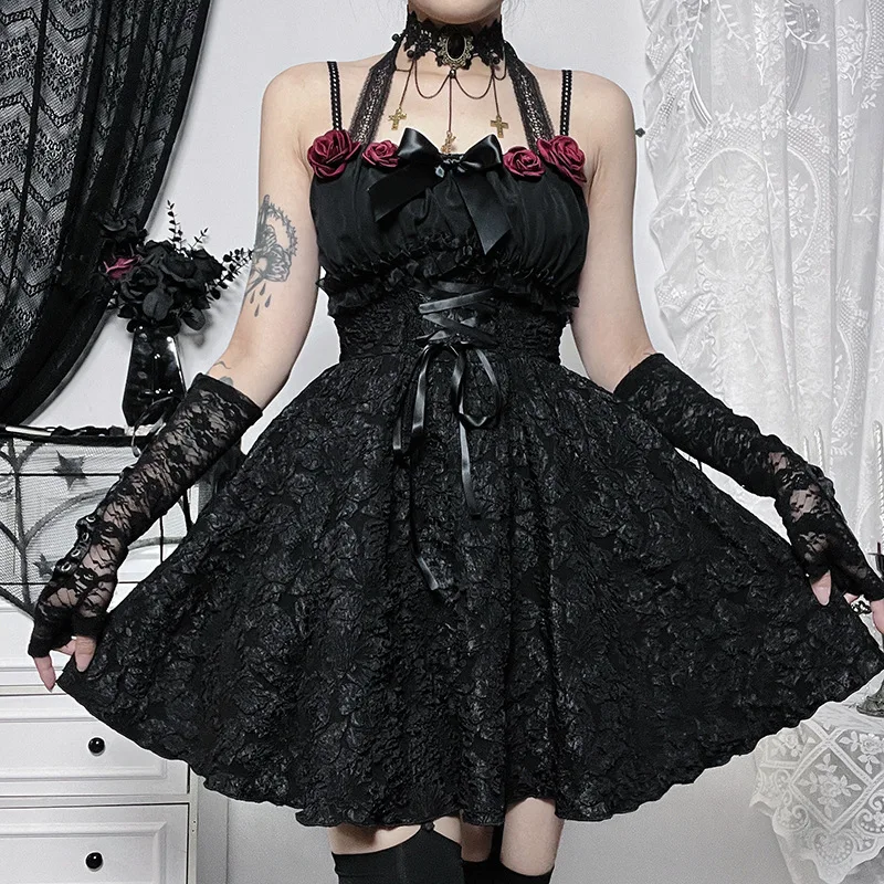

Goth Dark Jacquard Lolita Mall Gothic A-line Dresses Lace Up Ruffles Grunge Aesthetic Partywear Women Emo Slim Alt Corset Dress