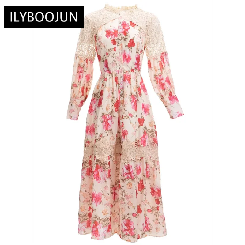 

Dresses For Women 2022 Elegant High Quality Luxury Autumn O-neck Lantern Sleeve Hollow Out Single Breasted Flowers Print Dress