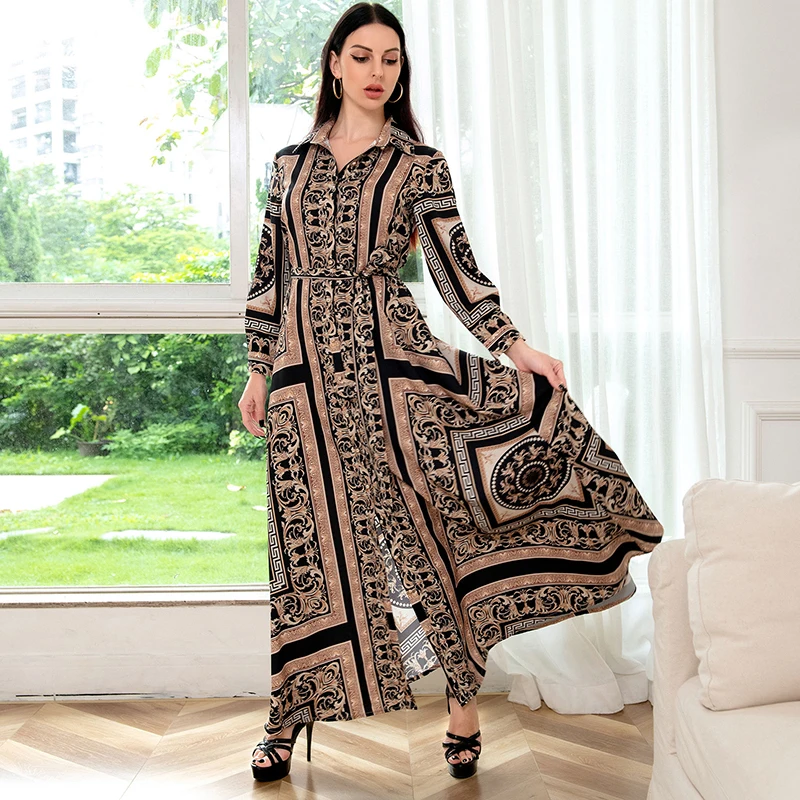 Women's Muslim Abaya Dubai Dress 2022 Printed Long Sleeve Maxi Islamic Moroccan Arabic Turkey New Jalabiya Dresses For Eid Robe