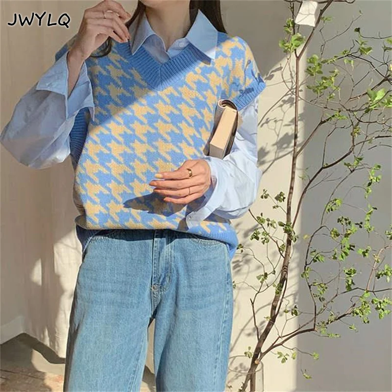 

Sweater Vest Women All-match Korean Style Houndstooth Design Retro Temperament College New Fashion Vintage V-neck Women Clothing