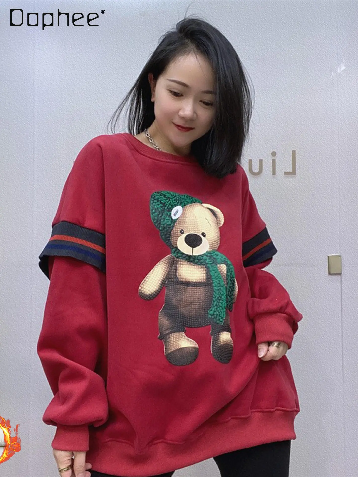 

Autumn and Winter New Round Neck Pullover and Fleece Hoodies Women's Fashion Velvet Drop Shoulder Show Loose Sweatshirt Top